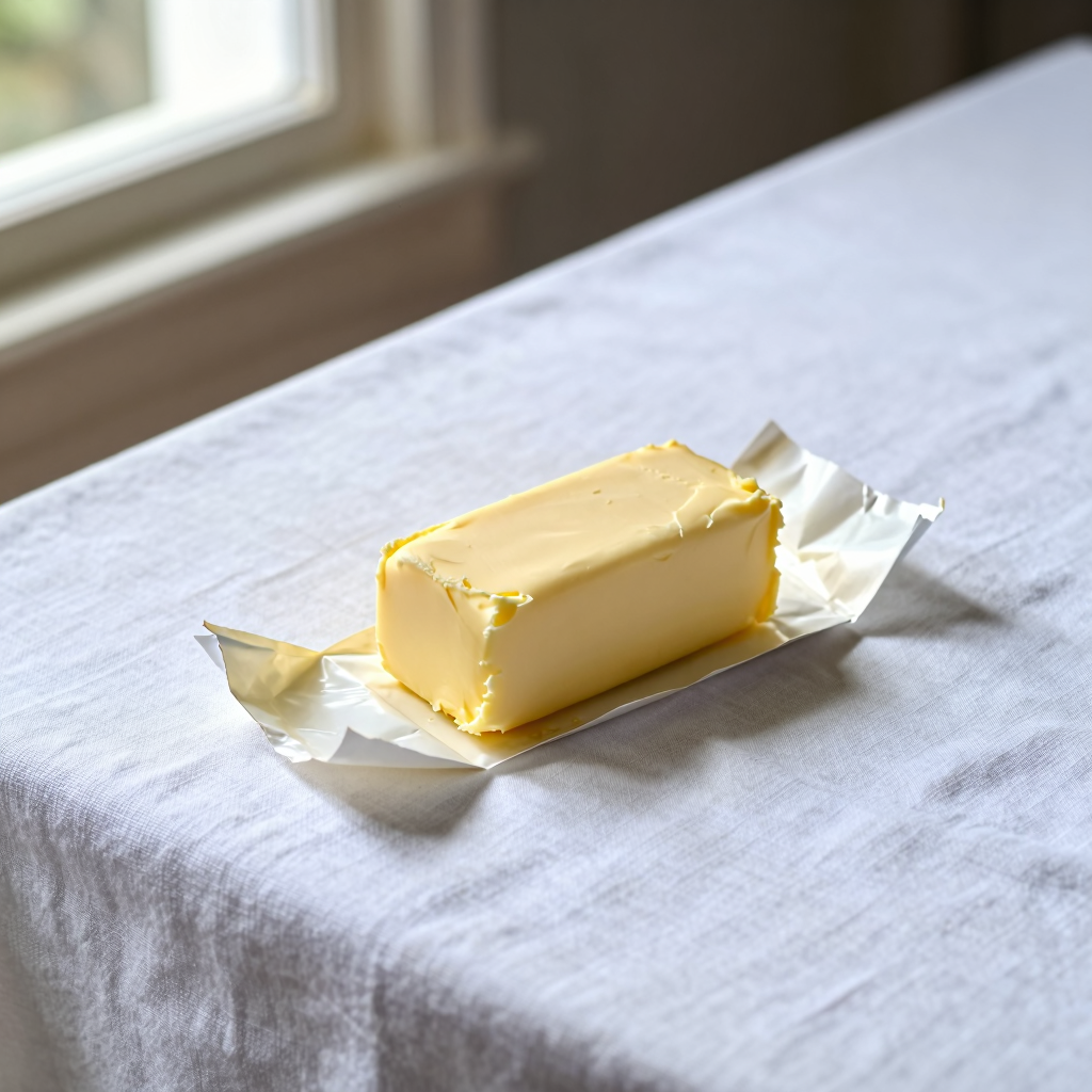 A stick of unsalted butter, partly unwrapped, on a white linen tablecloth